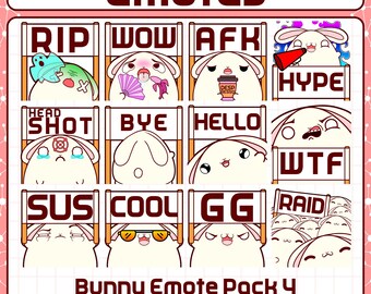 Pack de emoticonos de conejo 4/12 emoticonos de conejo / Emoticonos de conejo de firma para Twitch, emoticonos de conejo listos para usar, emoticono GG, emoticono RIP, emoticono Hype, emoticono AFK