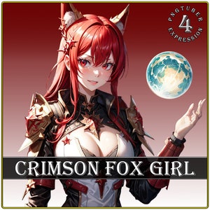 Crimson Fox Girl pngTuber | 4 gezichtsuitdrukkingen vrouwelijk pngtuber | 2D-pngtuber voor streamers, youtubers, contentmakers | Png-knol Girl