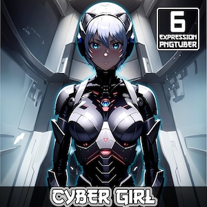 Puede incluir: Una ilustración digital de una mujer cibernética con cabello blanco y ojos azules. Lleva un traje plateado y negro con detalles rojos. El fondo es una habitación futurista y metálica. El texto "CYBER GIRL" está en la parte inferior de la imagen.