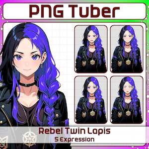 反逆のツインラピスPNGTuber | 5つの表現 | Pngtuberガール、ストリームアバター、ストリームモデル、居心地の良いPngtuber、かわいいPngtuberガール、紫色のPNGチューバー