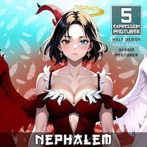 May include: Digital illustration of a female character with a half-demon, half-angel appearance. She has red and blue eyes, black hair, and wears a red dress with white feathered accents. The image includes text that reads "5 Expression PNGTuber" and "Nephalem."