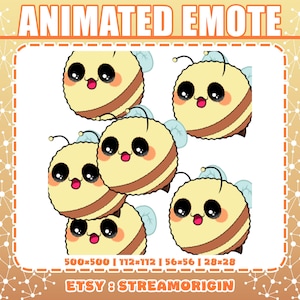 May include: Animated emoji of a cute cartoon bee with big eyes and a smile. The bee is yellow with brown stripes and has small wings. The image includes four different sizes of the bee emoji, ranging from 28x28 pixels to 500x500 pixels.