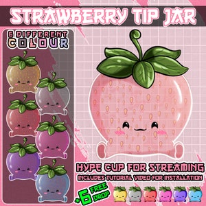 Puede incluir: Un tarro para propinas con forma de fresa con una linda carita de dibujos animados. El tarro es rosa con semillas blancas y hojas verdes. El texto "HYPE CUP FOR STREAMING" está en la parte inferior de la imagen. Hay seis variaciones de color diferentes del tarro que se muestran en una fila debajo del texto.