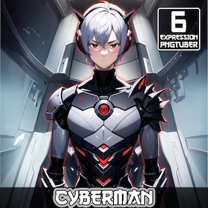 May include: A white-haired character with red eyes wearing a silver and black armored suit with red accents. The character is standing in a futuristic setting. The text "CYBERMAN" is at the bottom of the image.