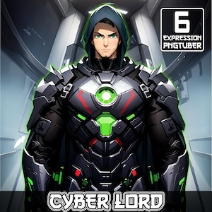 May include: A digital illustration of a futuristic, armored character with a green and black color scheme. The character has a hooded cloak and a determined expression. The text "CYBER LORD" is displayed at the bottom of the image.
