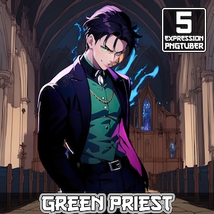 Green Priest PNGTuber |5 Expression Male Pngtuber|PNG Tuber for Streamers & Content Creators| Stream Avatar, Exorcist Pngtuber, Pngtuber Boy