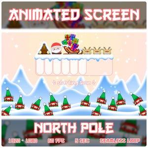 May include: Animated screen saver featuring a Christmas scene with Santa Claus in a sleigh with presents, reindeer, and elves. The text "ANIMATED SCREEN" is at the top of the screen, and the text "NORTH POLE" is at the bottom. The text "⇒ starting soon <" is in the middle of the screen. The screen saver is 1920 x 1080 pixels, 60 frames per second, and 5 seconds long. It is a seamless loop.