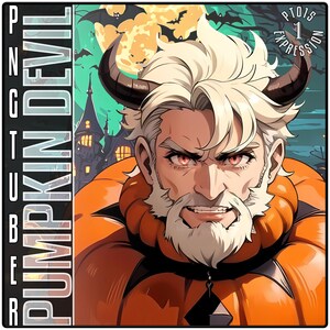 Op de afbeelding: Een digitale illustratie van een man met een witte baard en hoorns, verkleed als een pompoen voor Halloween. Hij heeft rode ogen en een dreigende uitdrukking. De achtergrond is donkergroen en oranje met vleermuizen die rond een volle maan vliegen.