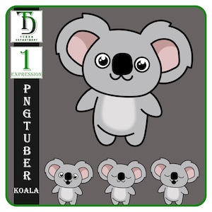 May include: A cartoon koala with different facial expressions. The koala is gray with black eyes and a black nose. The koala is standing on two legs. The koala is wearing a pink shirt. The koala is smiling, winking, and sleeping.