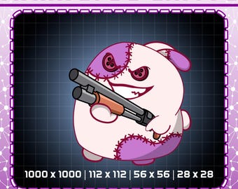 Emote animado de escopeta de conejo, emote de escopeta de conejo de peluche cosido, emotes de conejo gótico para Twitch, Kick, Discord y más, emote gótico de Twitch