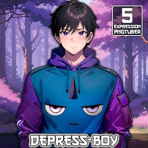 Może przedstawiać: Cyfrowa ilustracja młodej osoby z fioletowymi i niebieskimi włosami, która nosi fioletową i niebieską bluzę z kapturem z kreskówkową twarzą z przodu. Bluza ma biały pasek na rękawie i kieszeń po prawej stronie. Tekst "DEPRESS-BOY" znajduje się na dole obrazu.