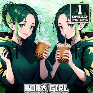 May include: Two anime characters with green hair and green hoodies are holding cups of boba tea. The text "BOBA GIRL" is at the bottom of the image. The text "1 EXPRESSION PNGTUBER" is in the top right corner of the image.
