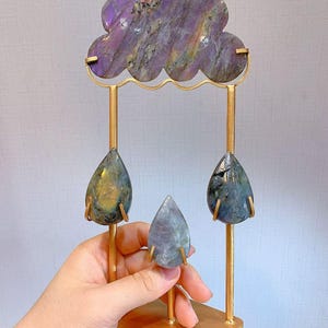 Labradorite Cloud Raindrop Crystal Sculpture, Gold Stand, Spiritual Home Decor