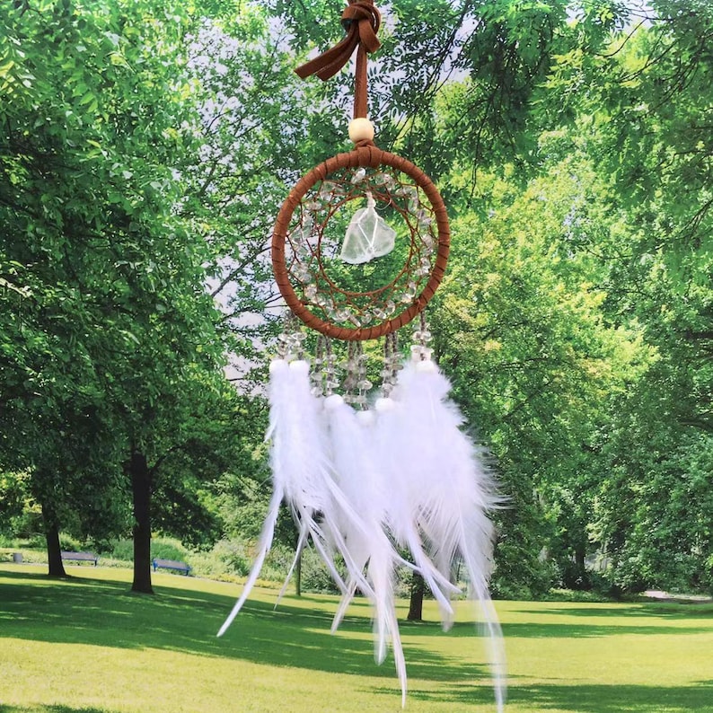 May include: A small brown dreamcatcher with white feathers and a clear crystal hanging in the center. The dreamcatcher is hanging from a brown leather cord and is surrounded by green trees.