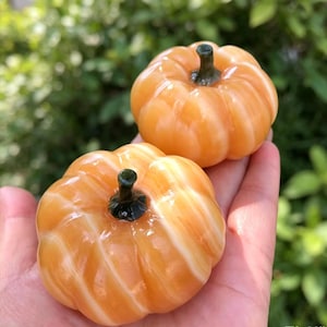 May include: Two small, smooth, orange and white swirled stone pumpkins with dark green stems. Each pumpkin features a rounded, ribbed shape with a polished, glossy finish. The pumpkins are held together, showcasing their vibrant, translucent colour variations and distinct, carved-like stem details on top.