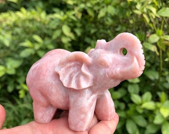 Hand Carved Pink Opal Elephant Statue, Crystal Healing Ornament for & Spiritual Gifts