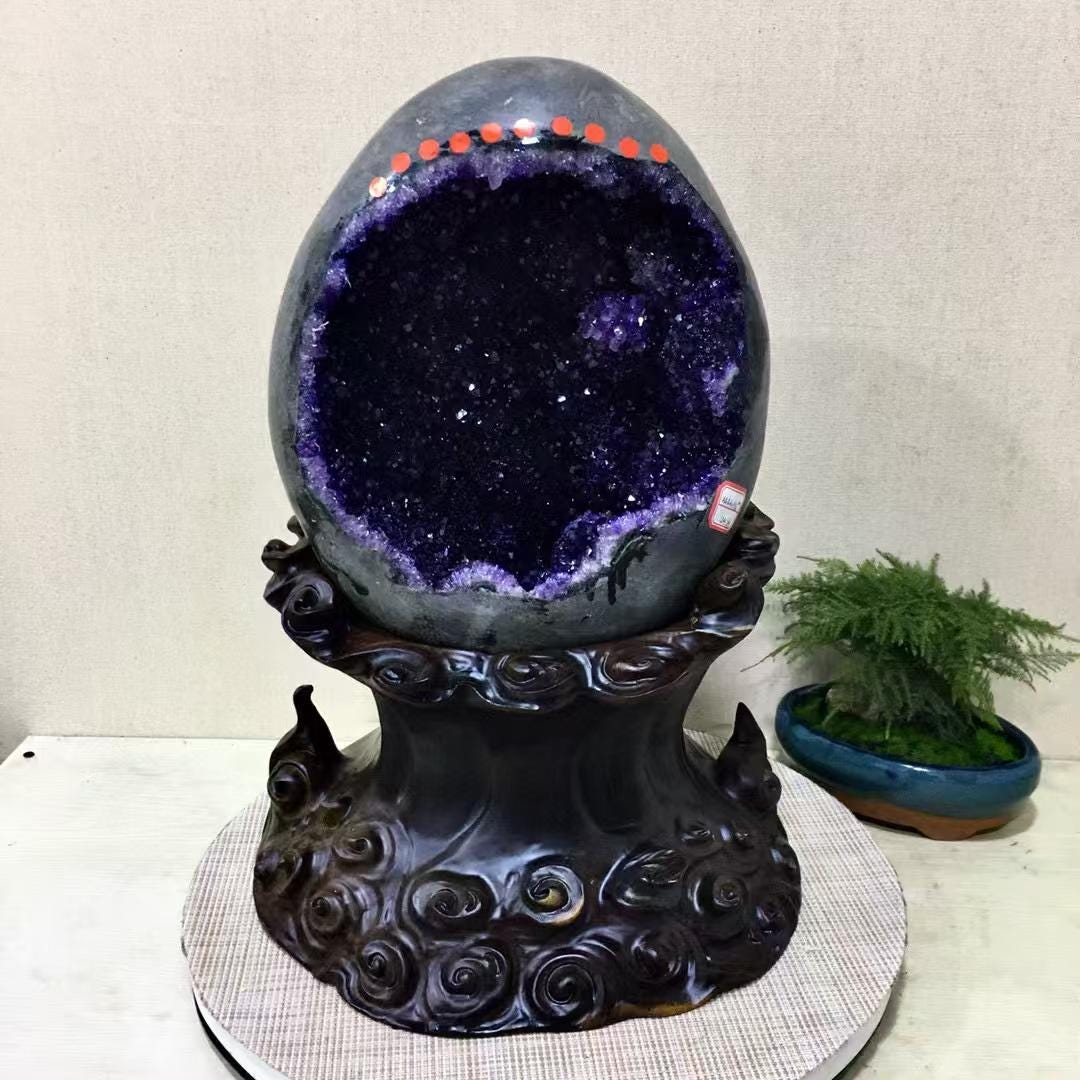 53LB Natural Uruguay Vug Amethyst Geode,Quartz Crystal Dinosaur egg Mineral Specimen,Reiki Energy Crystal Gift,Office Home Decor+stand