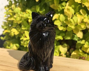 Hand Carved Obsidian Cat Figurine: Healing Crystal Decor (2.4 inch)