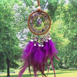 May include: Purple dream catcher with amethyst crystals and feathers. The dream catcher is hanging from a brown leather cord.