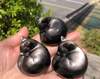 Silver Obsidian Sleeping Cat Carving: Natural Crystal Healing Decor (2.4")