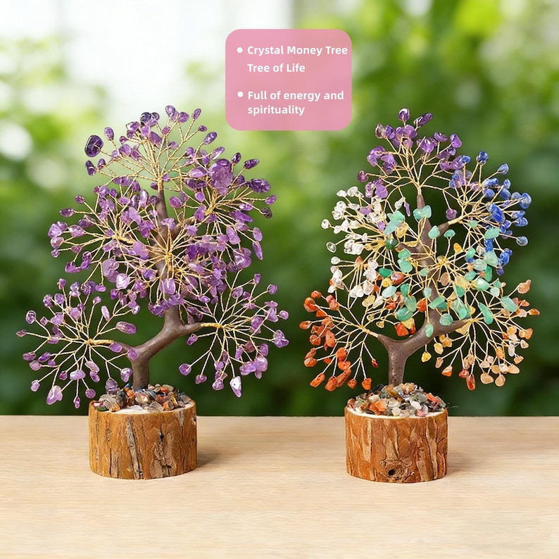 May include: Two crystal money trees, each with a wire tree design and gemstone leaves. One tree features purple amethyst, the other has a variety of colorful gemstones. Both trees sit on a wooden base with small stones.