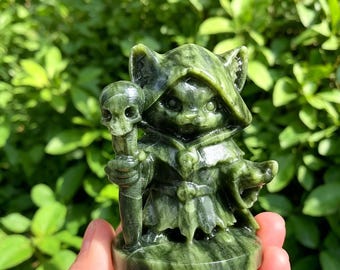 Natural Southern Jade  Reaper Wizard Cat Crystal Carving, Hand Carved Reaper Figurine,Halloween  Decor