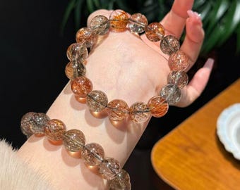 Black Gold Super Seven Bracelet, Natural Rutilated Quartz,Reiki Healing Stone Bracelet,Crystal Gift