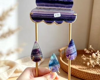 Fluorite Cloud Raindrop Crystal Sculpture, Gold Stand, Spiritual Home Decor,Reiki healing gift