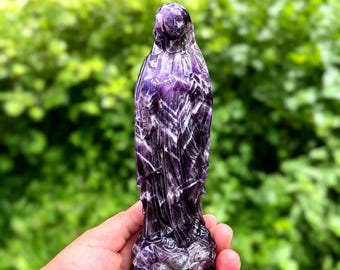 Natural Dreamy Amethyst Virgin Mary Statue, Hand Carved Crystal Madonna Figurine, Healing Home Decor