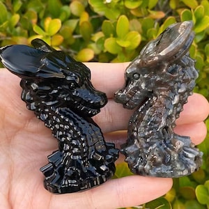 Hand Carved Crystal Dragon Skull: Obsidian or Yooperlite, 3&quot; Healing Decor