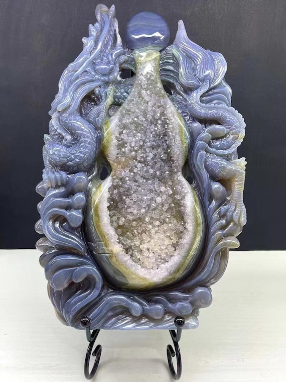 Hand Carved Agate Dragon Calabash: Natural Geode Crystal Decor - Etsy