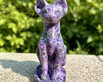 Natural Charoite Cat Carving, Hand Carved Quartz Hairless Cat Statue, Healing  Home Decor
