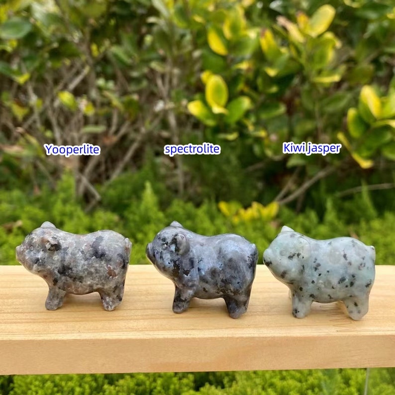 May include: Three small pig figurines carved from natural stone. The first is labeled "Yooperlite", the second "spectrolite", and the third "Kiwijasper". Each pig has a unique speckled pattern in shades of gray and green.