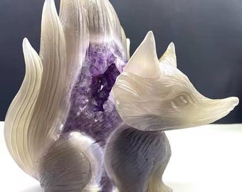 6.4&quot;Natural Agate Crystal Amethyst Geode Fox,Hand Carved Nine-tailed Fox,Animal Specimen,Crystal Fine Carving,Home Decor,Energy Crystal Gift