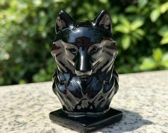 Natürliche Kristall Wolf Kopf Schnitzerei, handgeschnitzte Tiere Figurine, Kristallheilstein, Wohnkultur