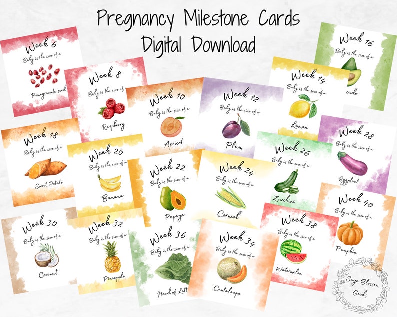 Printable Pregnancy Milestone Cards | Baby's Growth in Fruit &amp; Vegetables | Even Weeks Starting ...