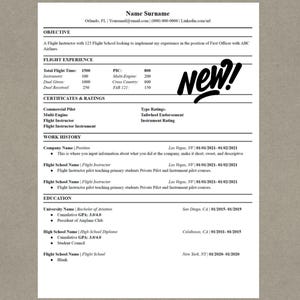 May include: A resume template with the name and contact information at the top. The objective is to become a First Officer. The resume includes flight experience, certificates, work history, and education. A large "NEW!" stamp is in the upper right corner.