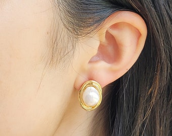 Pearl Earrings | Pearling Ear Studs | Vintage Gold Pearl Earrings | Baroque Pearl Jewelry | Wedding Earrings | Bridesmaid Gifts