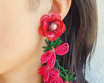 Statement Earrings | Long Pink Chandelier Earrings | Big Flower Earrings | Pageant Earrings | Handmand bids Earrings | Blushing Blossom