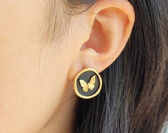 Vintage Butterfly Coin Earrings Stud | Black and Gold Jewelry | Vintage Jewerly | Butterfly Earrings | Titanium Hypoallergenic