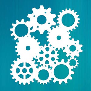 May include: A collection of white gear silhouettes of different sizes, set against a teal backdrop. The gears are interlocked, implying mechanics, engineering, or collaboration. The design is simple and graphic.