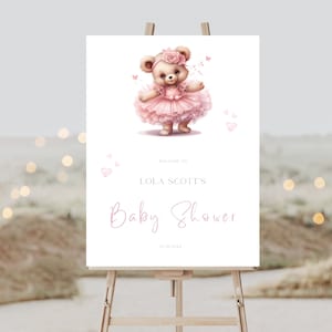 Plaque de bienvenue pour baby shower ours ballerine, modèle modifiable de plaque de bienvenue pour baby shower tutu rose, décoration de douche rose, décoration de fête ballerine