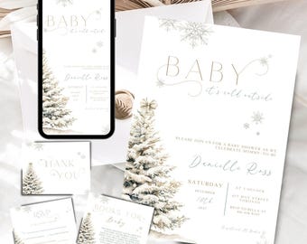 Peut inclure: Un ensemble d'invitations de fête prénatale sur le thème de l'hiver avec un motif de pin enneigé. Les invitations comprennent une invitation principale, une carte de remerciement, une carte RSVP et une carte de demande de livre. Le texte de l'invitation principale indique "Baby It's Cold Outside" et comprend le nom "Danielle Ross".