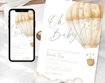 Hot Air Balloon Baby Shower Invitation Template (Digital Download)