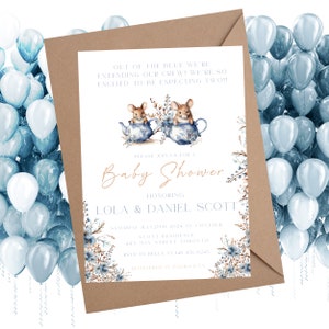 Cute Mice Twins Baby Shower Invitation Template Set, Editable Twin Babies Shower Invite, Digital Baby Shower Invite Set, Digital Thank You