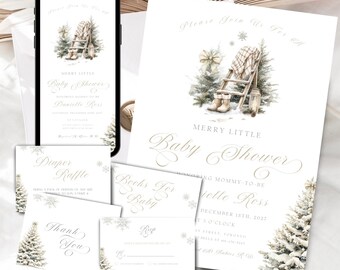 Op de afbeelding: Een set met printbare babyborrel-uitnodigingen met een winterthema. De uitnodigingen bevatten een aquarel-illustratie van een ladder met een deken, laarzen en een lantaarn. De tekst op de uitnodigingen luidt "Kom gezellig mee naar een vrolijke kleine babyborrel" en bevat de datum, tijd en locatie van het evenement.