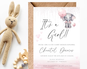 It's A Girl Baby Shower Invitation, Editable Instant Download Invite Template, Elephant Baby Shower Invitation Template, Printable Invite