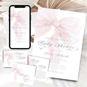 Kokette Babypartyeinladung Mädchen Digital Canva, Rosa Bogen-Babyparty-Einladung BUNDLE, Rosa Kokette Bogen-Babyparty-Einladungsschablone