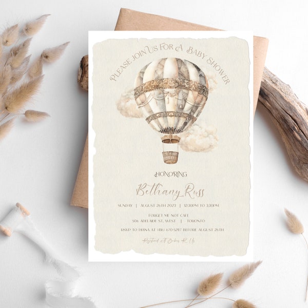 Boho Hot Air Balloon Baby Shower Invitation Template, Gender Neutral Invite, Editable Instant Download, Printable Baby Shower Invite