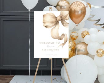 Beige Coquette Bow Baby Shower Welcome Sign (Canva Template)